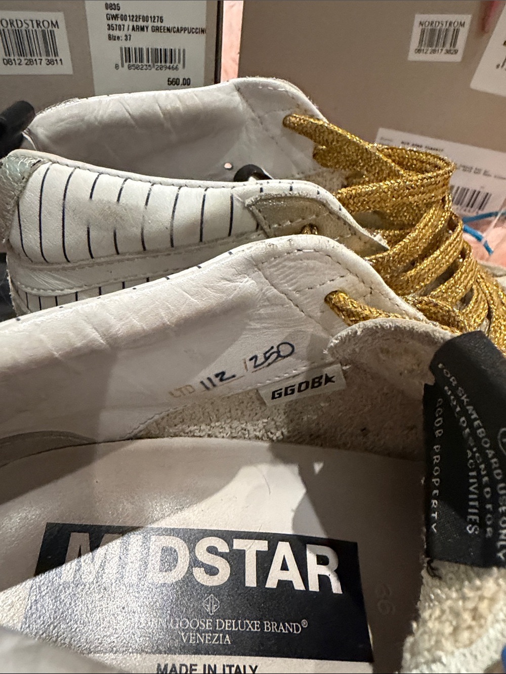 Golden Goose Women's Pinstripe Sneakers with Metallic Gold Laces - Picture 2 of 3